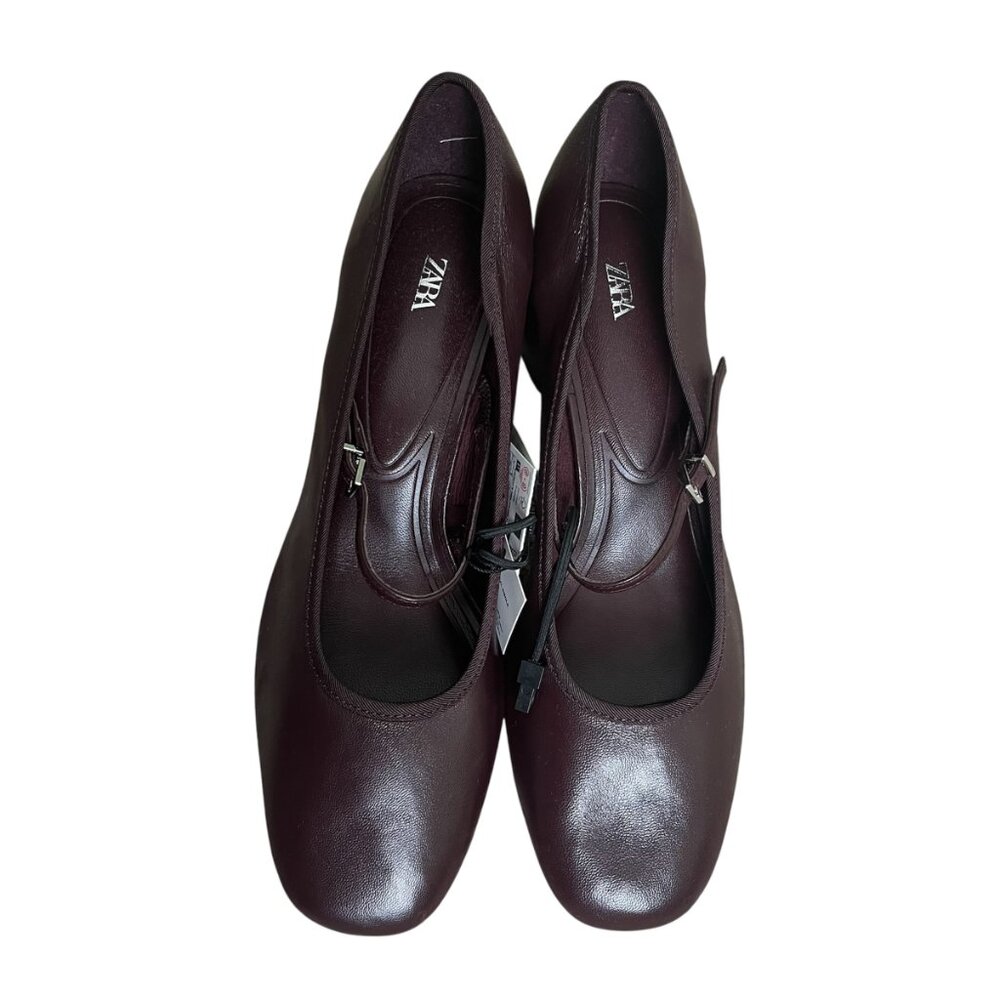 Zara Leather Burgundy Red Pumps Mary Jane Style Size 9 Block Heel, Buckled Strap - Picture 3 of 9